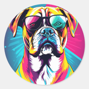 Sticker Rond Boxer Chien Énergétique Avec Lunettes De Soleil Po