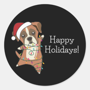 Sticker Rond Boxer Chien Noël Neige Hiver Animaux Chiens Classe
