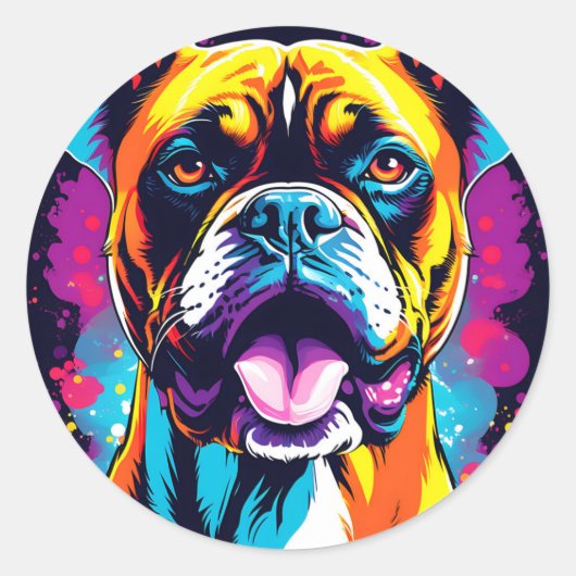 Sticker Rond Boxer Chien Portrait Pop Art (Devant)