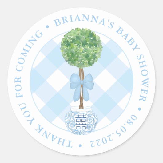 Sticker Rond Boxwood classique Topiary Baby shower bleu Merci (Devant)
