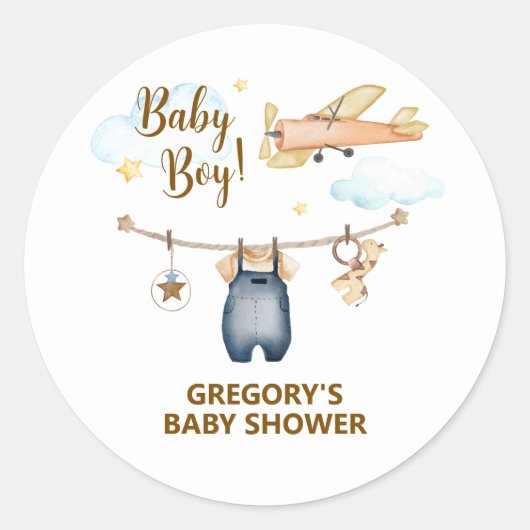 Sticker Rond Boy Adventure Clothesline Airplane Sky Baby Shower (Devant)