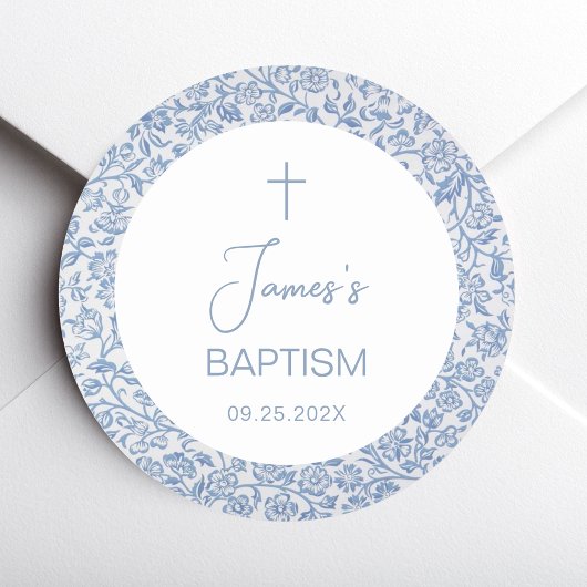 Sticker Rond Boy Baptism Blue White Floral Pattern Religious