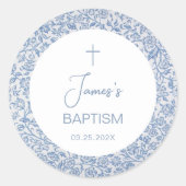 Sticker Rond Boy Baptism Blue White Floral Pattern Religious (Devant)
