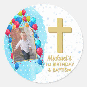 Sticker Rond Boy Blue 1st Birthday Baptism Gold Texte Photo