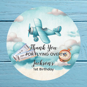 Sticker Rond Boy Cute Blue Avion Voyage Anniversaire de enfant 