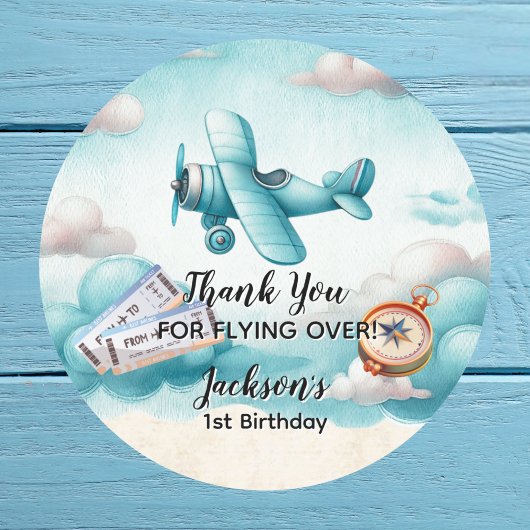 Sticker Rond Boy Cute Blue Avion Voyage Anniversaire de enfant