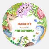 Sticker Rond Boy Dinosaur 4th Birthday Invitation (Devant)