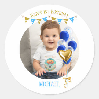 Sticker Rond Boy First Birthday Photo Blue Gold Balloon Cute
