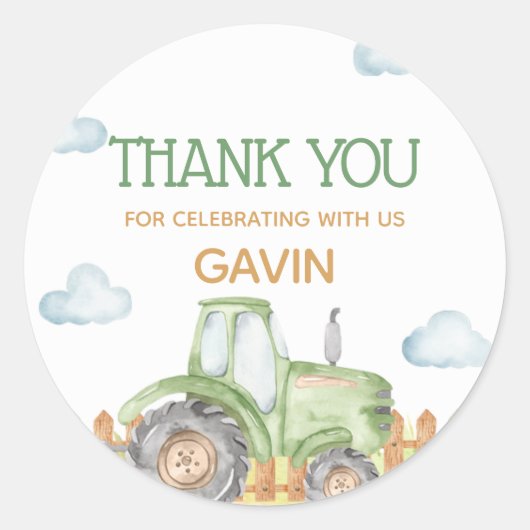 Sticker Rond Boy Green Tractor ferme fête d'anniversaire (Devant)