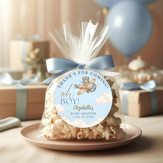 Sticker Rond Boy’s Baby Shower with Cute Aviator Teddy Bear