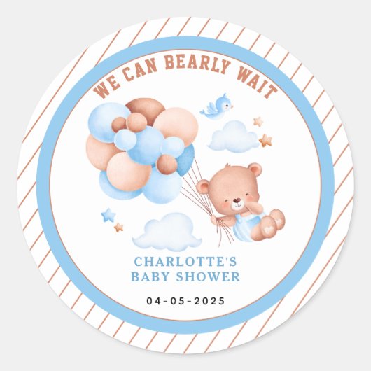 Sticker Rond Boy Teddy Bear “We Can Bearly Wait” Baby Shower (Devant)