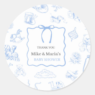 Sticker Rond Boy Toile De Jouy Blue Baby Shower