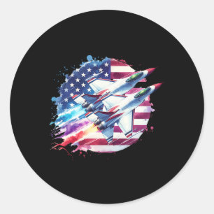 Sticker Rond Boys 4 juillet American Usa Flag Fighter Jet 1