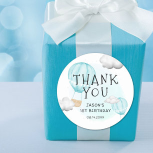 Sticker Rond Boys Blue Hot Air Balloon 1er anniversaire Merci