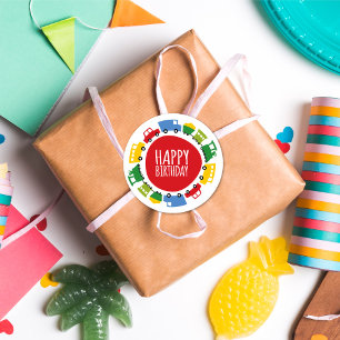 Sticker Rond Boys Jouets Transport Train Voiture Bonne fête d'a