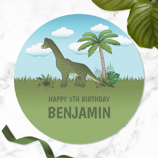Sticker Rond Brachiosaurus Dinosaure Avec Le Nom Anniversaire T
