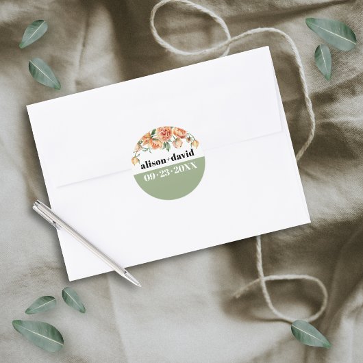 Sticker Rond Branche avec rose de pêche fleurs mariage