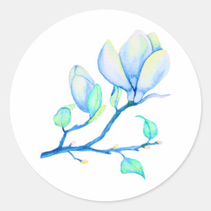 Sticker Rond Branche de magnolia à l'aquarelle bleu-vert botani