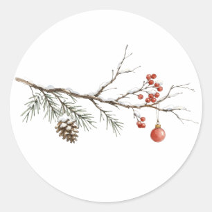 Sticker Rond Branche de Noël enneigée avec ornement pour Noël