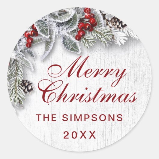 Sticker Rond Branche de pin de houx de Noël Rustique Férié (Devant)