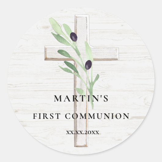 Sticker Rond Branche d'olive bois blanc Croix Première communio (Devant)