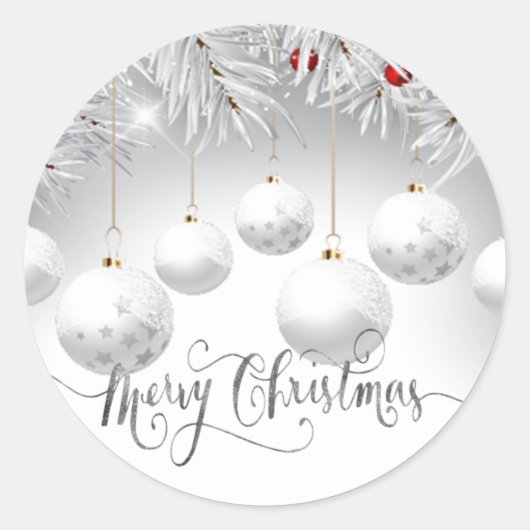 Sticker Rond Branches de pin boules blanches Joyeux Noël (Devant)