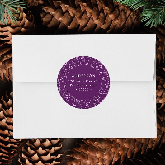 Sticker Rond Branches d'hiver Purple Holiday Adresse de retour