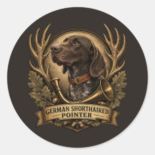 Sticker Rond Braque allemand à poil court, Art de cor de chasse