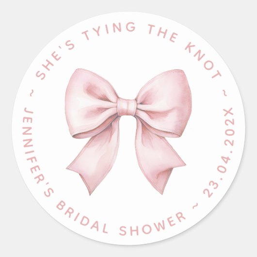 Sticker Rond Bridal Shower Pink Bow She's Tying the Knot  (Devant)