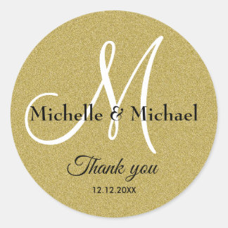 Sticker Rond Bride And Groom Monogram Gold Glitter Thank You