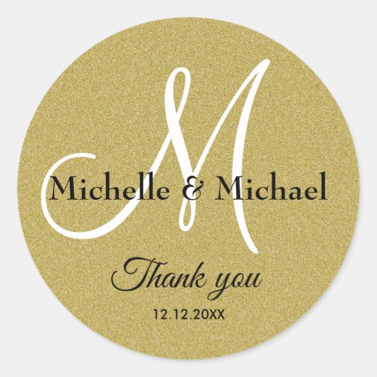 Sticker Rond Bride And Groom Monogram Gold Glitter Thank You (Devant)