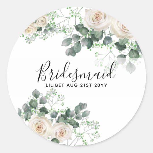 Sticker Rond Bridesmaid Cadeaux Roses Blanches Thème Personnali (Devant)