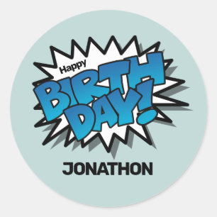 Sticker Rond Bright Blue Comic Text - Joyeux anniversaire