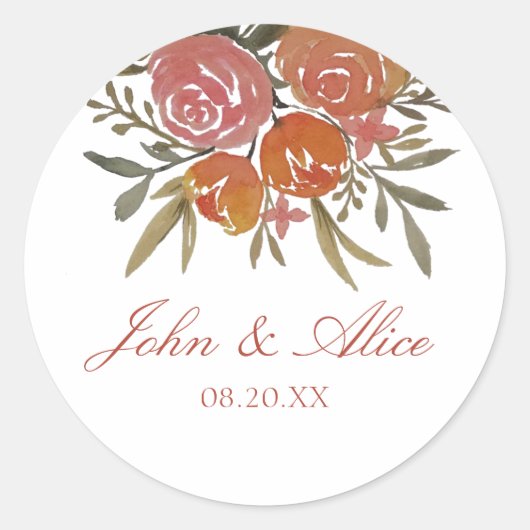Sticker Rond Bright Peach et Orange Floral Mariage (Devant)