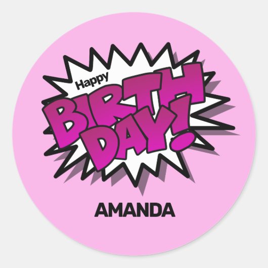 Sticker Rond Bright Pink Comic Text, Joyeux anniversaire (Devant)