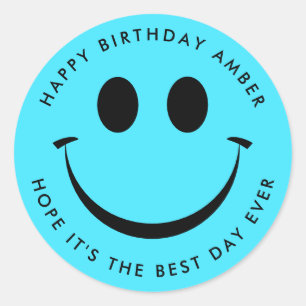Sticker Rond Bright Turquoise Happy Face Anniversaire Amusant