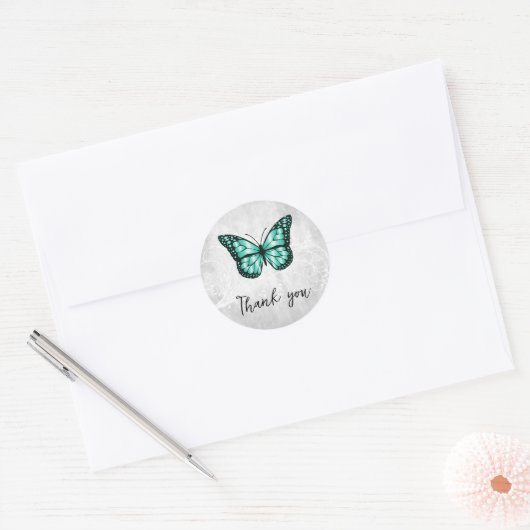 Sticker Rond Brillant Merci papillon Turquoise (Enveloppe)