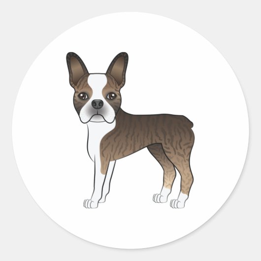 Sticker Rond Brindle Et Blanc Boston Terrier Cute Dessin Chien (Devant)
