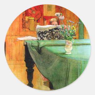 Sticker Rond Brita au piano par Carl Larsson, Art ancien
