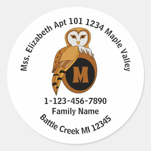 Sticker Rond British Barn Owl Téléphone d'urgence Adresse domic (Devant)