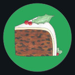 Sticker Rond British Christmas Cake Slice Festive Gastronomie d<br><div class="desc">Le design sur le thème du Royaume-Uni est l'illustration originale d'une délicieuse tranche de gâteau de Noël britannique,  surmontée de feuilles saints et de baies. Idéal pour fêter la période festive !</div>