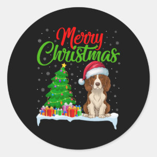 Sticker Rond Brittany Spaniel Chien Noël Lumières des arbres No