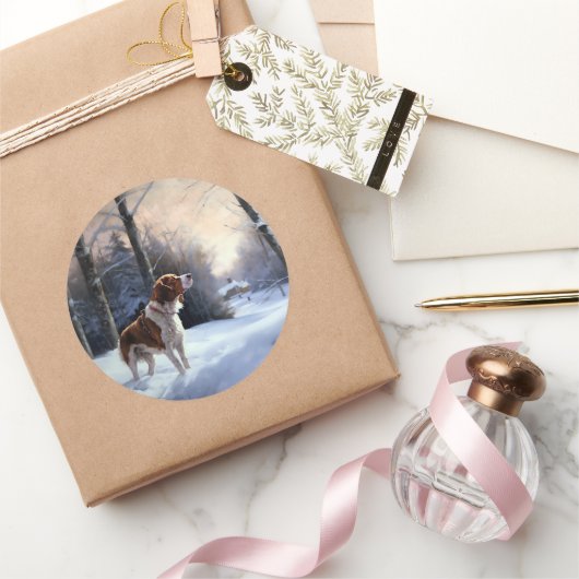 Sticker Rond Brittany Spaniel Laissez Neige Noël (Cadeaux)