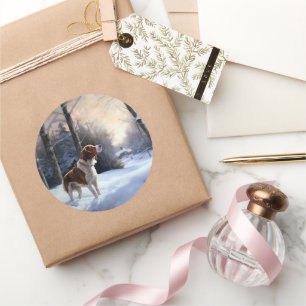 Sticker Rond Brittany Spaniel Qu'il neige Noël