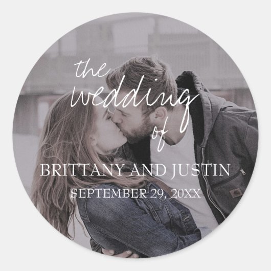 Sticker Rond Brittany White Script Photo Mariage Enveloppe Phoq (Devant)
