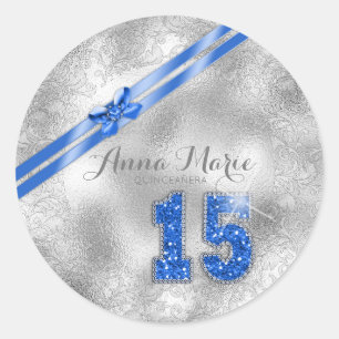 Sticker Rond Brocade Argent quinzième anniversaire bleu ID382