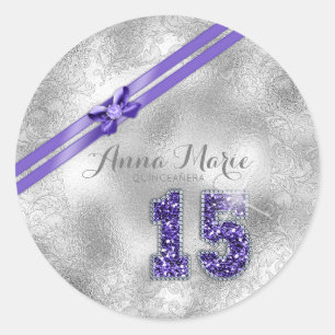 Sticker Rond Brocade Argent Quinzième anniversaire Purple ID382
