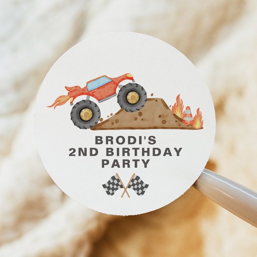 Sticker Rond BRODI Red Monster Truck Boy Anniversaire