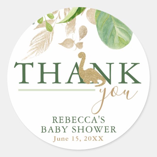 Sticker Rond Brontosaurus Dinosaur Baby shower vert et or (Devant)