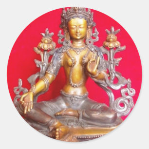 STICKER ROND BRONZE GREEN TARA STATUE ANCIEN TIBET